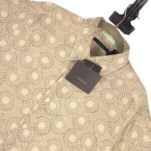 Claiborne Mens Medium NWT Rayon Button Up Shirt Tan Geometric Circle Pattern